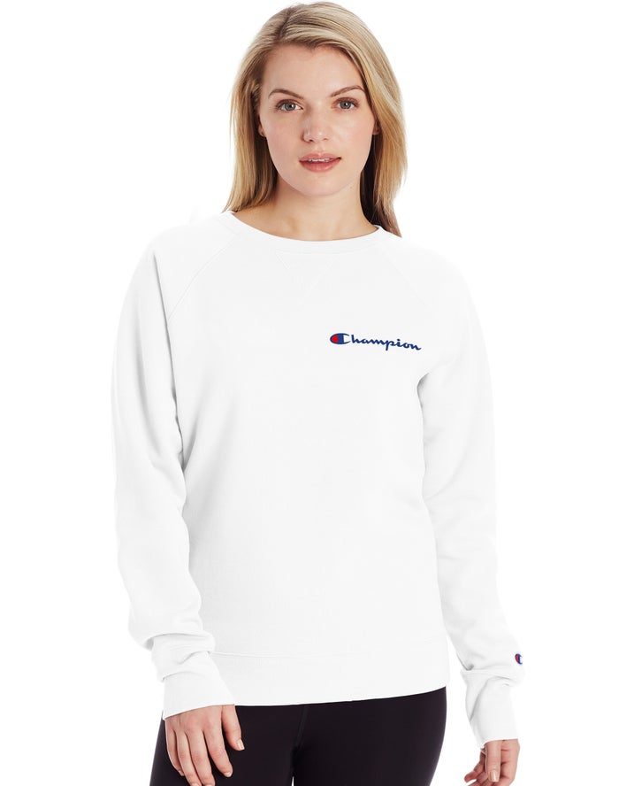 Champion Dame Sweatshirt Hvide - Powerblend Fleece Classic Crew Script Logo - Danmark TLZ-037268